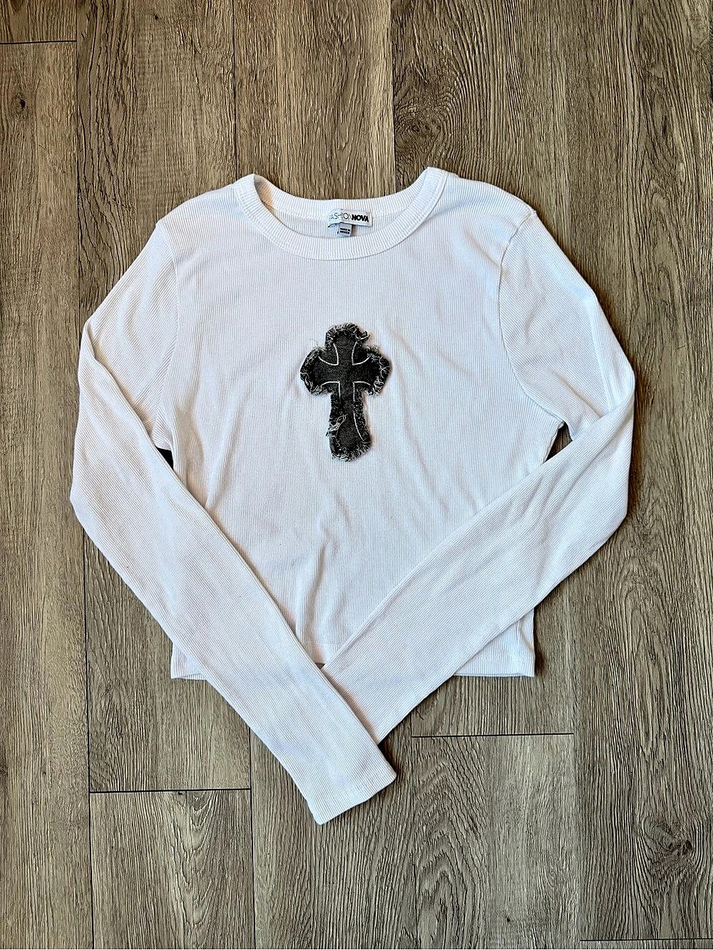 Fashion Nova Saint With Crosses Long Sleeve Tee White